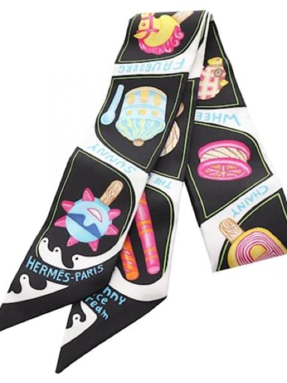 HERMES Silk Twilly Scarf Funny Ice Cream Black